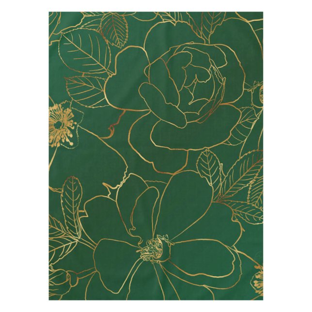 Elegant Green Gold Roses Floral Line Drawing Tablecloth (Front)