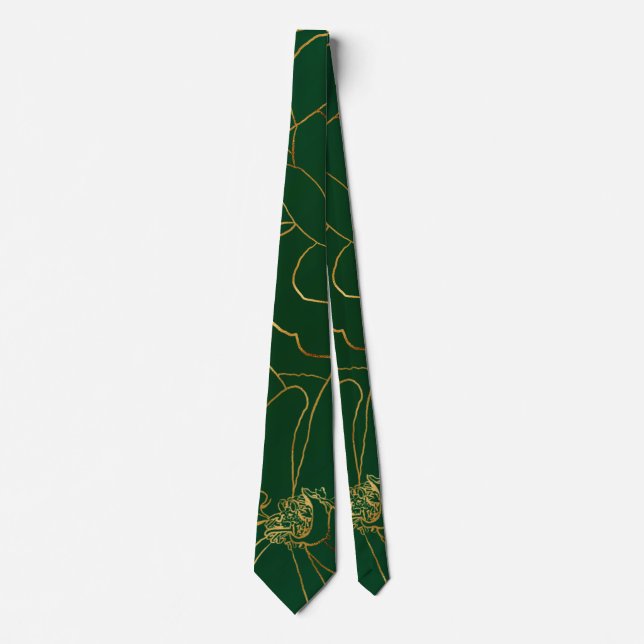Elegant Green Gold Roses Floral Line Drawing Tie (Front)