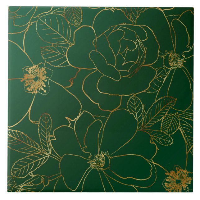 Elegant Green Gold Roses Floral Line Drawing Tile (Front)