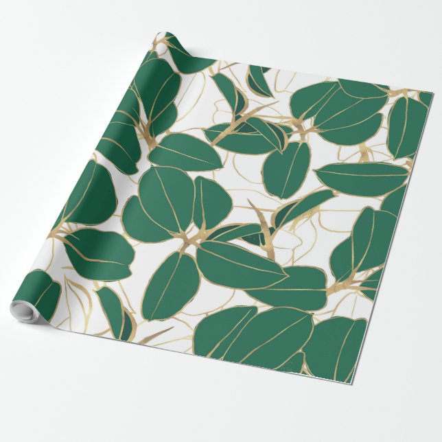 Elegant Green Gold Rubber Plant Foliage Design Wrapping Paper (Unrolled)