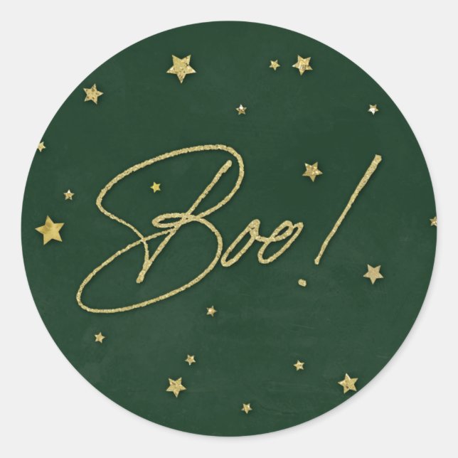 Elegant Green+Gold Scattered Stars Boo! Halloween Classic Round Sticker (Front)