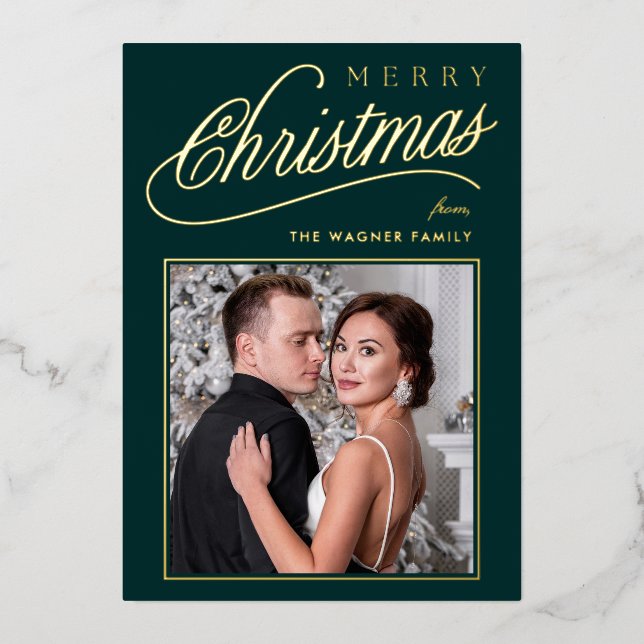 Elegant Green & Gold Script Merry Christmas Photo Foil Holiday Card (Front)