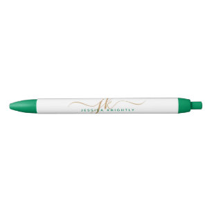 Elegant Green Gold Script Monogram Initials Name Black Ink Pen