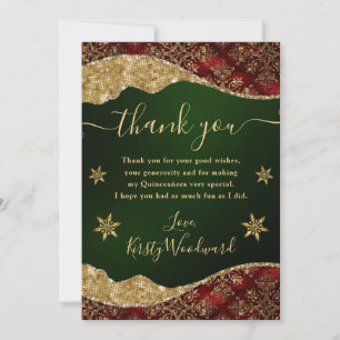 Elegant Green & Gold Snowflake Quinceanera Thank You Card