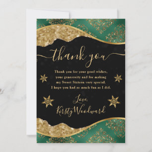 Elegant Green & Gold Snowflake Sweet 16 Thank You Card