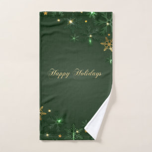 Elegant Green Gold Snowflakes Holiday Bath Towel Set