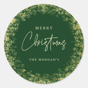 Elegant Green Gold Snowflakes Merry Christmas Classic Round Sticker
