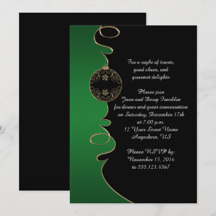 Elegant Green Gold Swirls Black Christmas Party Invitation