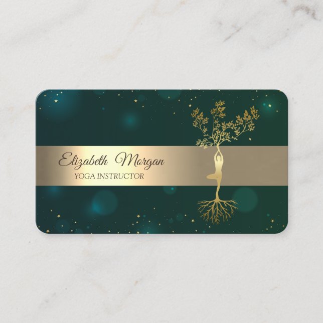 Elegant Green Gold Tree Yoga Instructor Business Card (Front)