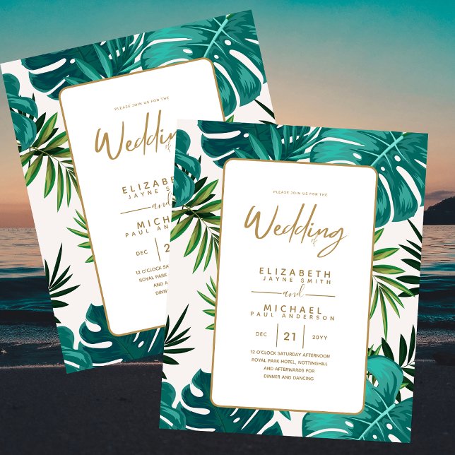 Elegant Green Gold Tropical Island Wedding Invites (Creator Uploaded)