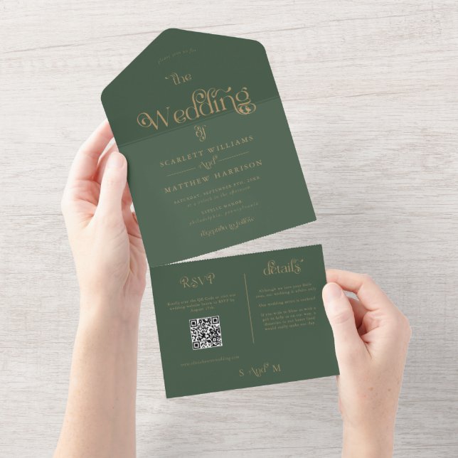 Elegant Green Gold Typography Wedding All In One Invitation (Tearaway)