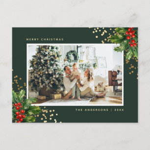 Elegant Green Gold Watercolor Holly Photo Holiday Postcard