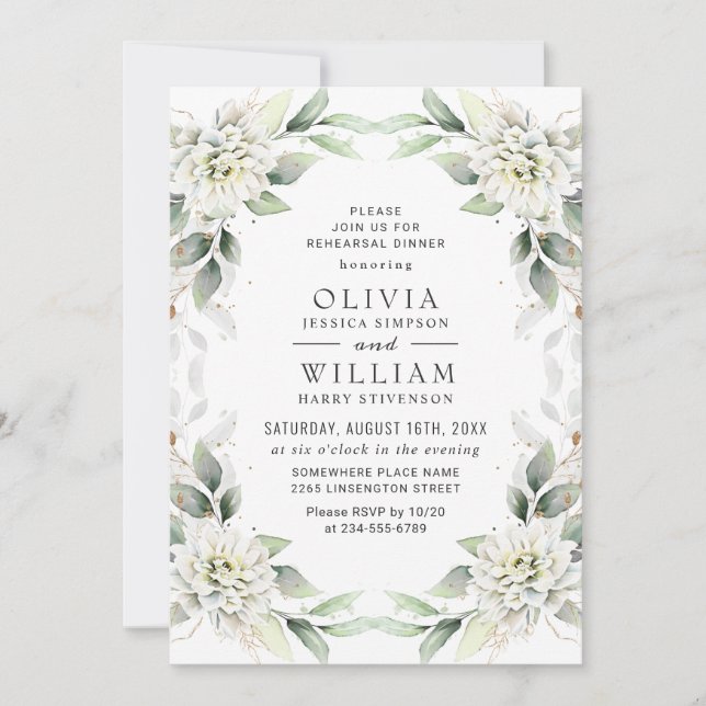 Elegant Green Golden Greenery REHEARSAL DINNER Invitation (Front)