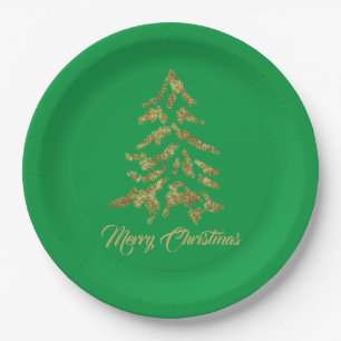 Elegant Green Golden Tree Merry Christmas   Paper Plate
