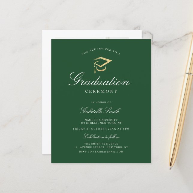 Elegant green graduation ceremony invitation (Front/Back In Situ)