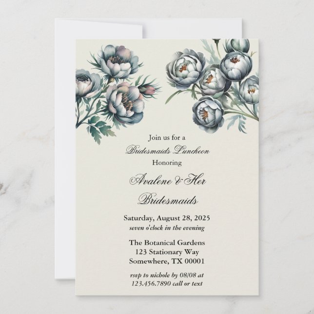Elegant Green & Grey Bouquet Bridesmaids Luncheoen Invitation (Front)