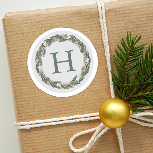 Elegant Green Grey Monogram Christmas Wreath Classic Round Sticker