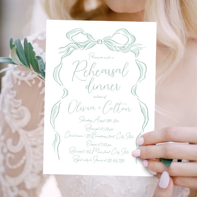 Elegant Green Hand Drawn Bow Rehearsal Dinner Invitation (Elegant Green Hand Drawn Bow Rehearsal Dinner Invitation)
