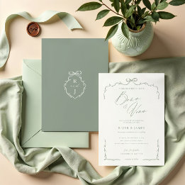 Elegant Green Hand Drawn Bow & Ribbon Wedding Invitation