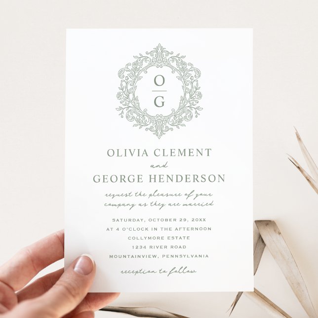 Elegant Green Heirloom Crest Wedding Invitation (Creator Uploaded)