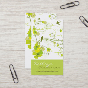 Elegant Green Hibiscus Floral Swirl Swallows Birds Business Card