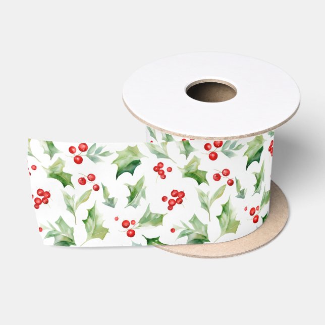 Elegant Green Holly Leaves Red Berries  Satin Ribbon (Spool)