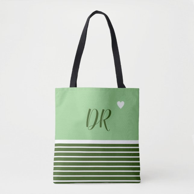 Elegant green horizontal stripes with name tote bag (Front)