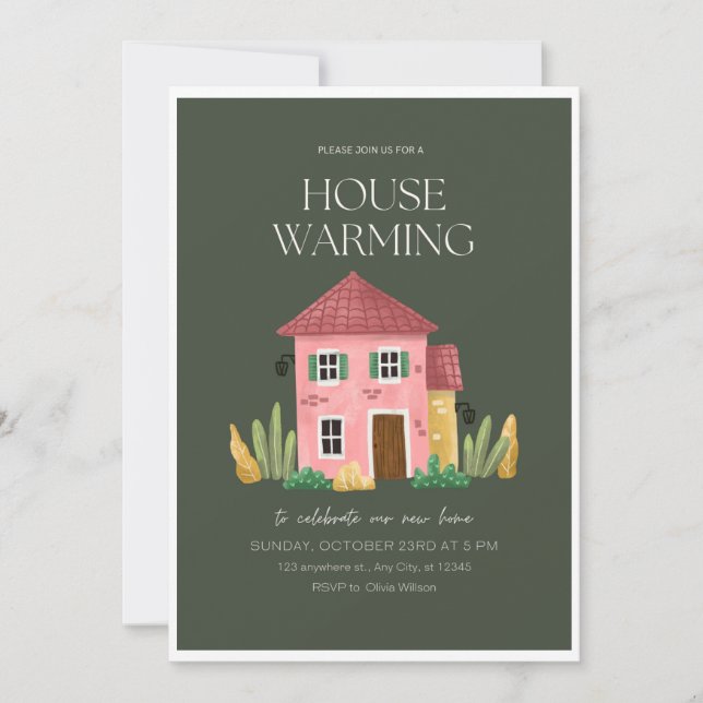 Elegant Green Invitation Card, Housewarming Card (Front)