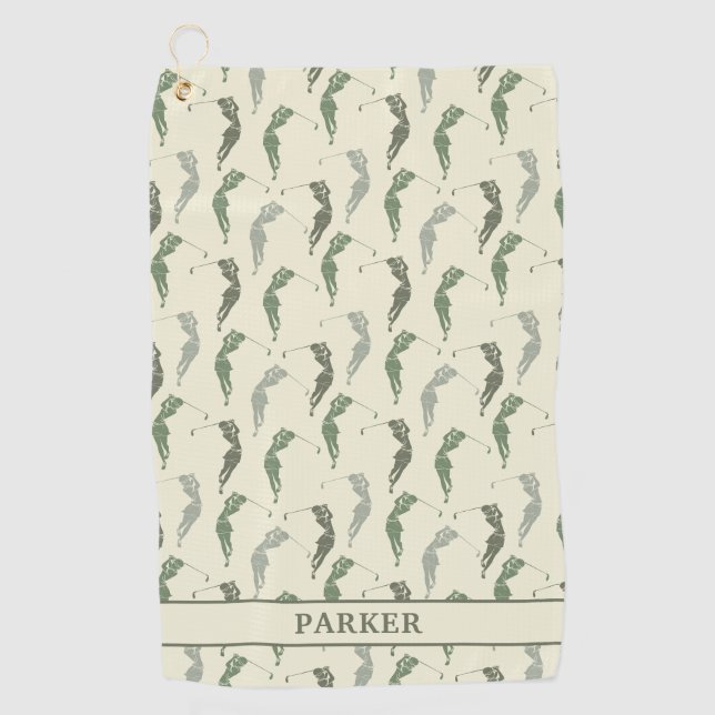 Elegant Green Ivory Woman Golfer Monogrammed  Golf Towel (Front)