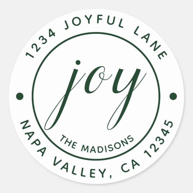 Elegant Green Joy Round Return Address Classic Round Sticker (Front)