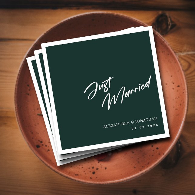 Elegant Green Just Married Custom Wedding Napkins (Simple Just Married Forest Green Wedding  Napkins)