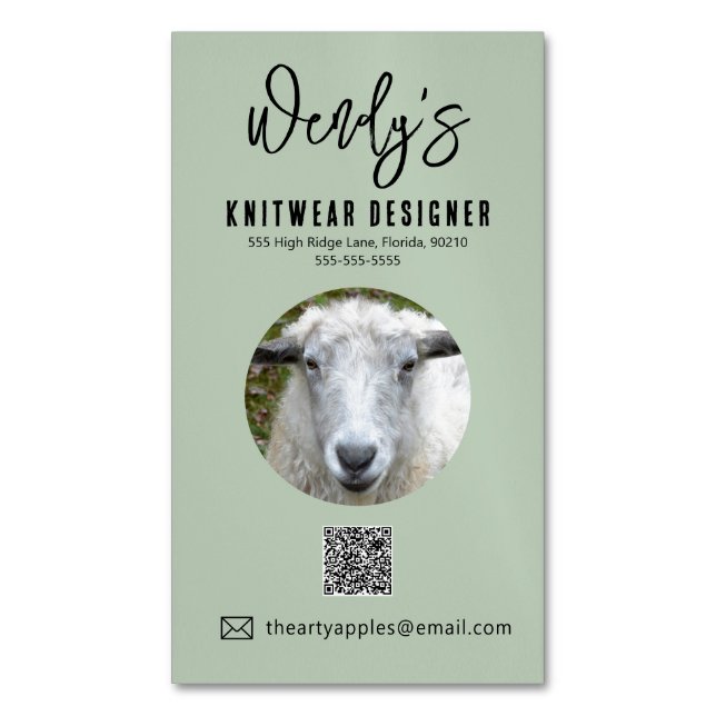 Elegant green  KNITWEAR DESIGNER business card  (Front Vertical)