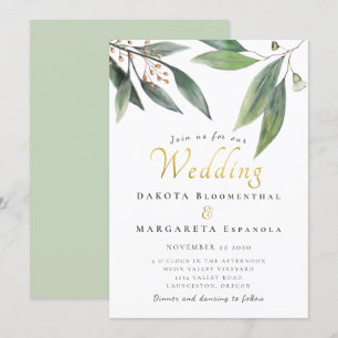 Elegant green leaf gold script gum blossom wedding invitation