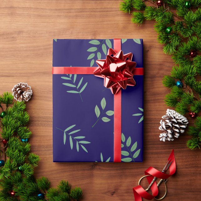 Elegant Green Leaf Wrapping Paper on Dark Blue (Holiday Gift)