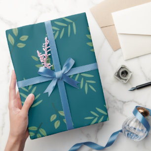 Elegant Green Leaf Wrapping Paper on Dark Teal