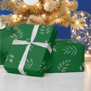 Elegant Green Leaf Wrapping Paper on Forest Green
