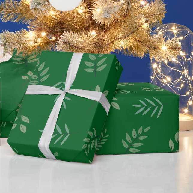 Elegant Green Leaf Wrapping Paper on Forest Green (Holidays)