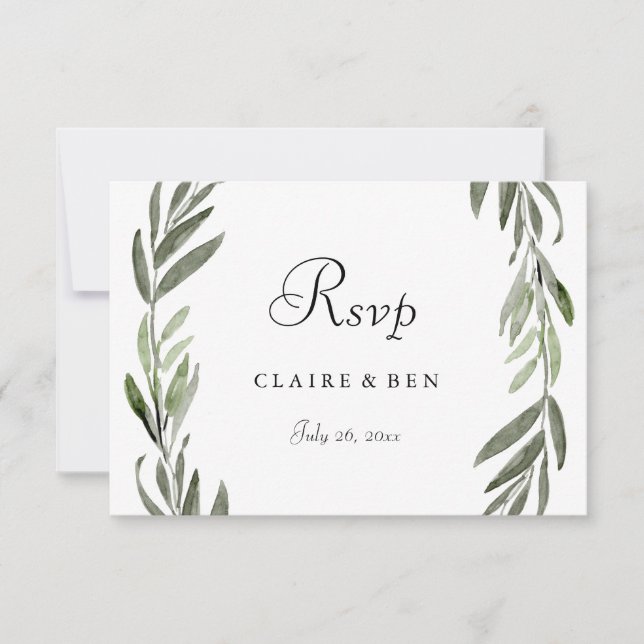 Elegant Green Leaf Wreath Wedding RSVP Card (Front)