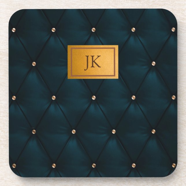 Elegant Green Leather,Diamonds,Monogram Coaster (Front)