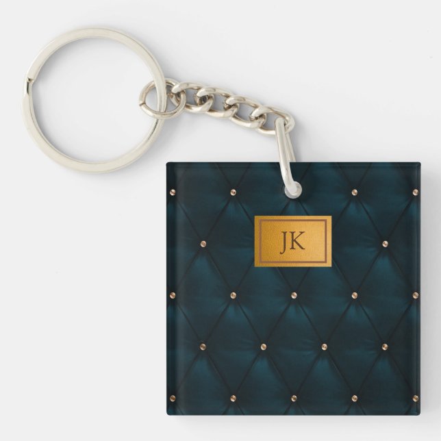 Elegant Green Leather,Diamonds,Monogram Keychain (Front)