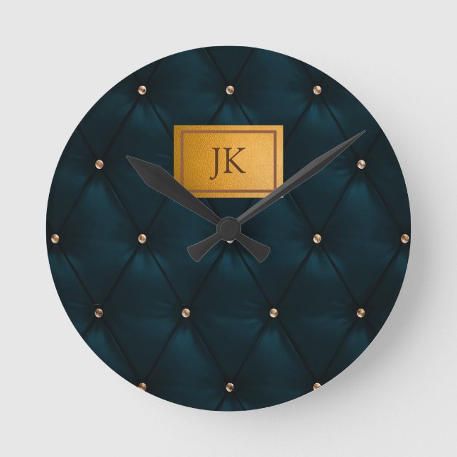 Elegant Green Leather,Diamonds,Monogram   Round Clock (Front)