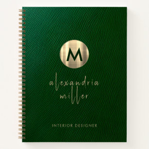 Elegant Green Leather Gold Monogram Notebook
