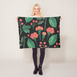 Elegant Green Leaves and Flowers   Fleece Blanket