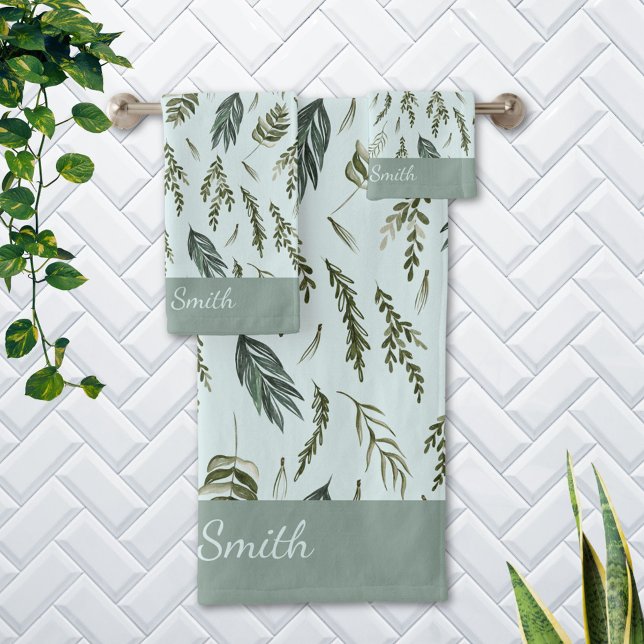 Elegant Green Leaves Botanical Nature Pattern Bath Towel Set (In situ Bathroom wall)
