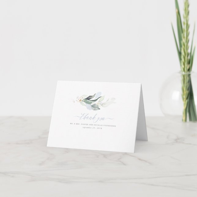Elegant Green Leaves Dusty Blue Wedding Thank You (Front)
