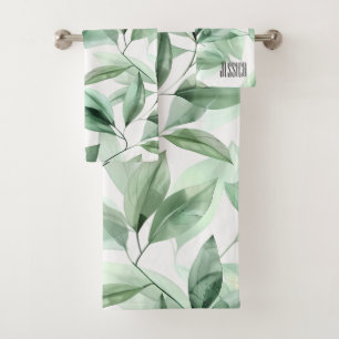 Elegant Green Leaves Modern Greenery Bathroom Name Bath Towel Set