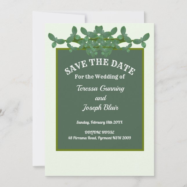 Elegant Green Leaves Wedding Save The Date Invitation (Front)