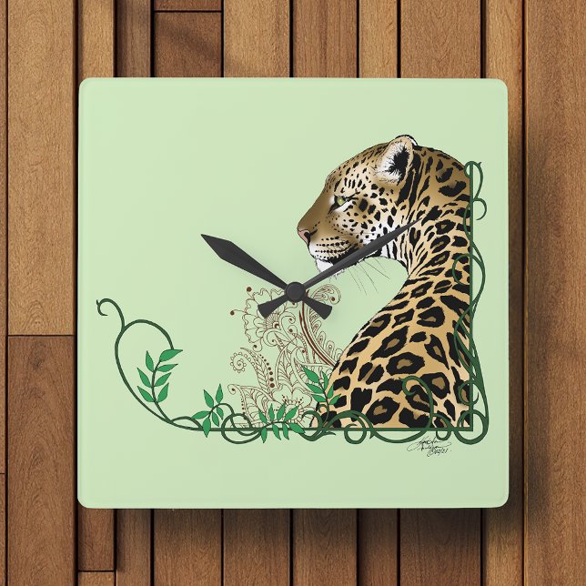 Elegant Green Leopard Botanical Henna Square Wall Clock (Creator Uploaded)