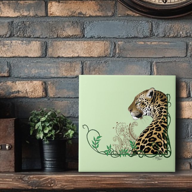 Elegant Green Leopard Botanical Henna Tile (Creator Uploaded)