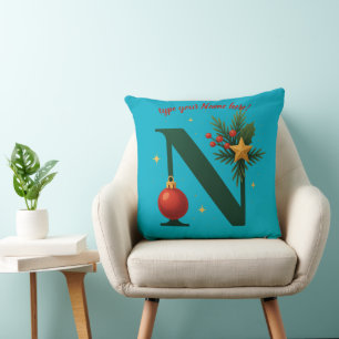 Elegant Green Letter N Festive Throw Pillow